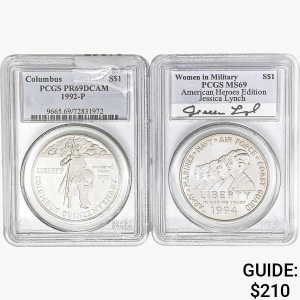 [2] 1992-P & 1994 S$1 Columbus/Women Military PCGS PR/MS69