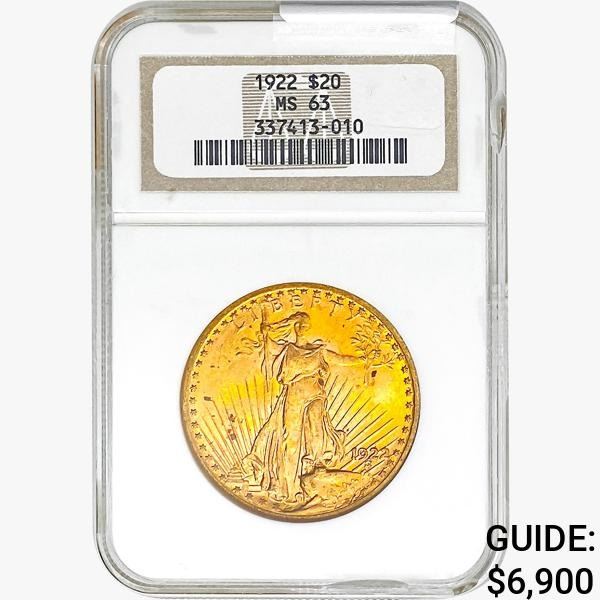 1922 $20 Gold Double Eagle NGC MS63