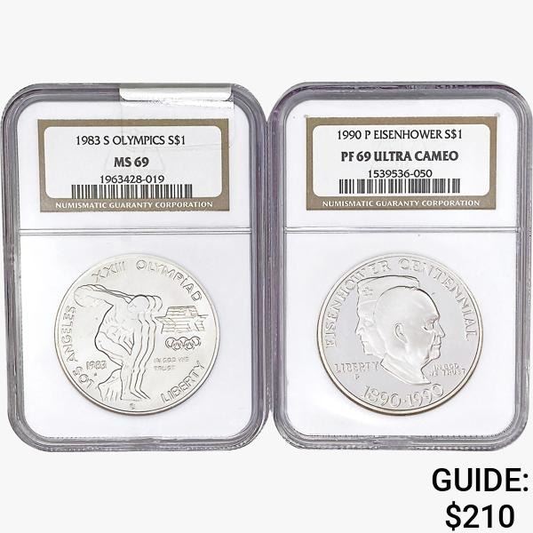 [2] 1983-S & 1990-P S$1 Olympics/Eisenhower NGC MS/PF69