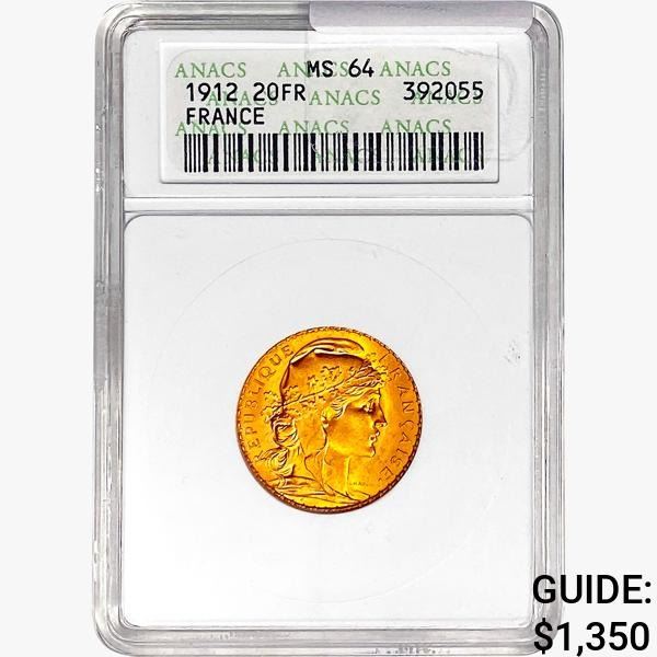 1912 0.187oz France 20 Franc ANACS MS64