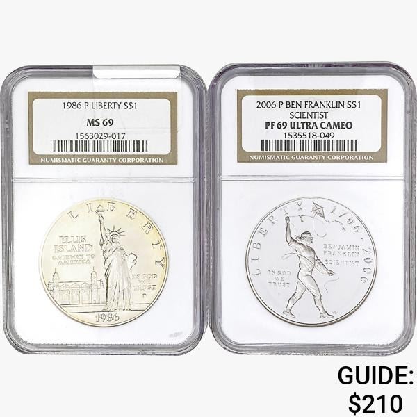 [2] 1986-P & 2006-P S$1 Liberty/Franklin NGC MS/PF69