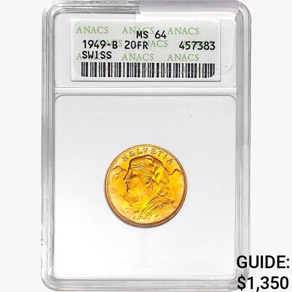 1949-B 0.187oz Swiss 20 Franc ANACS MS64