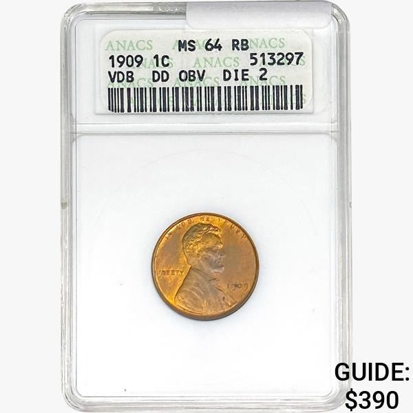 1909 Wheat Cent ANACS MS64 RB Dbl Die OBV