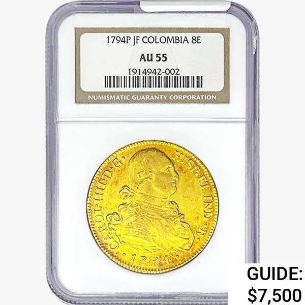 1794P .7615oz. Gold JF Colombia 8 Escudos NGC AU55