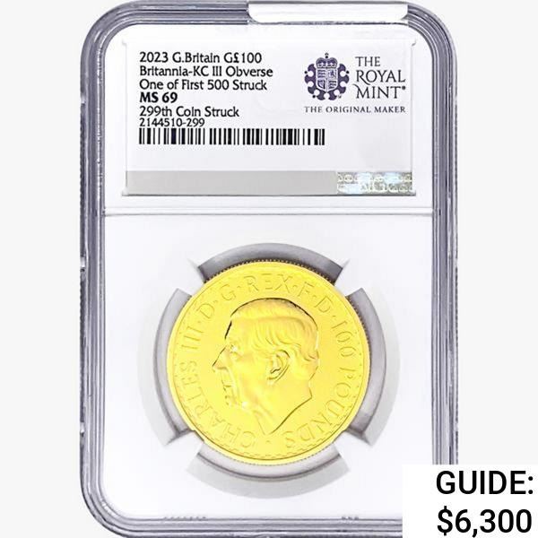 2023 G.Britain Â£100 1oz. Gold 299th NGC MS69 Britannia KCIII OBV