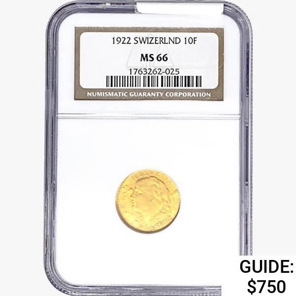 1922 .0933oz. Gold Swizerland 10 Francs NGC MS66