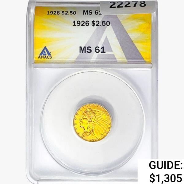 1926 $2.50 Gold Quarter Eagle ANACS MS61