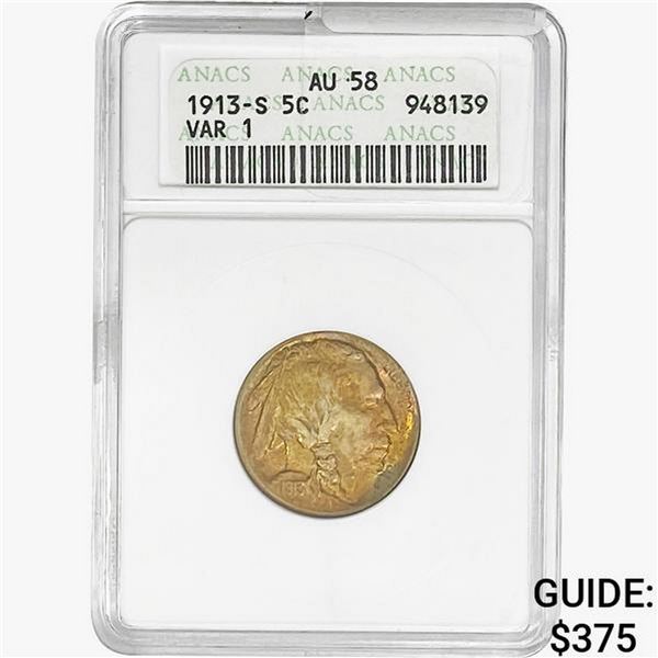 1913-S Buffalo Nickel ANACS AU58 VAR-1