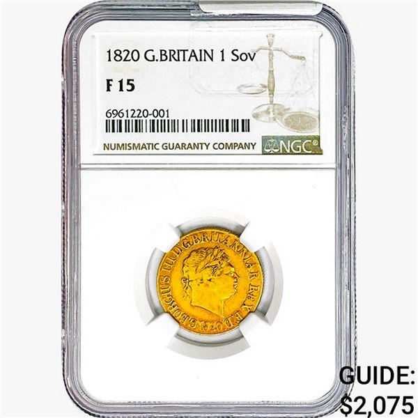 1820 .2355oz. Gold G.Britain 1 Sovereign NGC F15