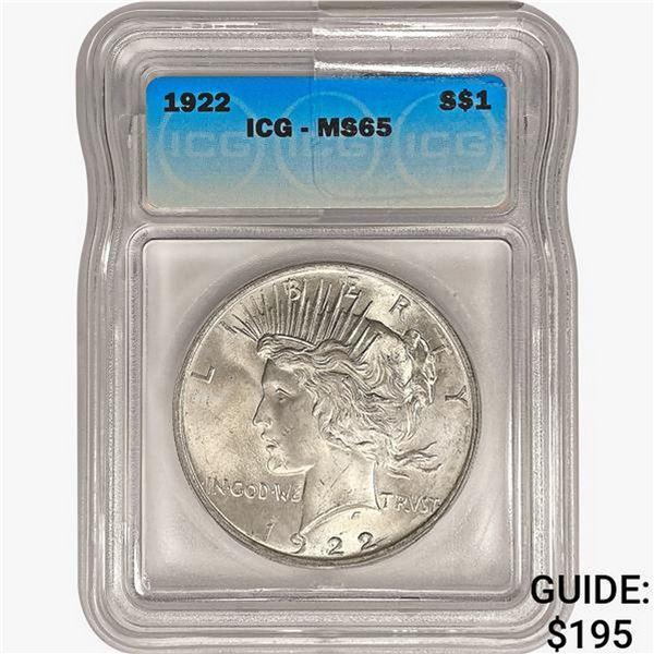 1922 Silver Peace Dollar ICG MS65