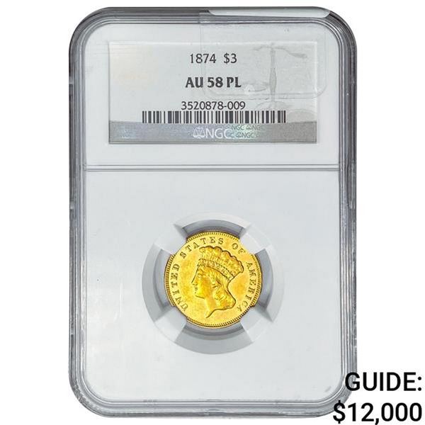 1874 $3 Gold Piece NGC AU58 PL