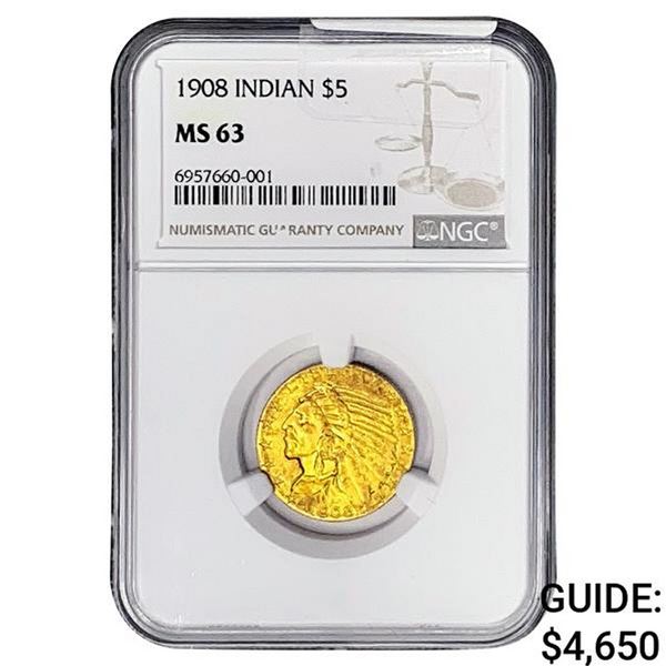 1908 $5 Gold Half Eagle NGC MS63