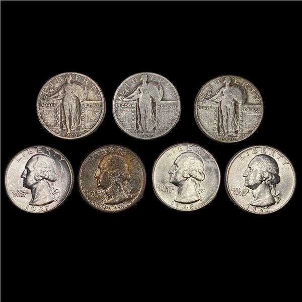 [7] Varied US SilveQuarters (1928, 1929-D, 1930, 1932, 1946, 1957, 1962-D) HIGH GRADE