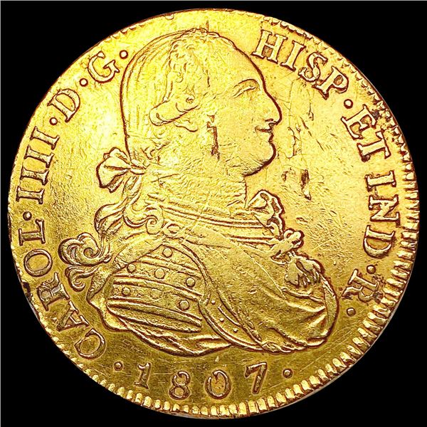 1807 Colombia .7615oz Gold 8 Escudos LIGHTLY CIRCULATED