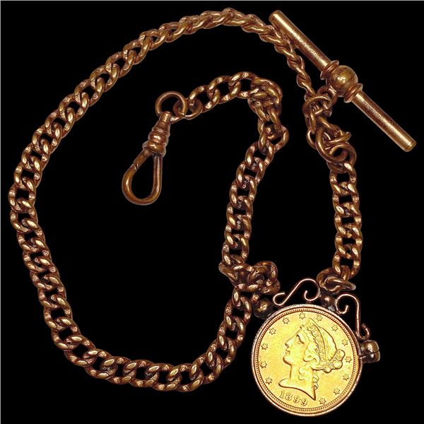 1899-S $5 Liberty Gold in Bezel on Watch Chain HIGH GRADE