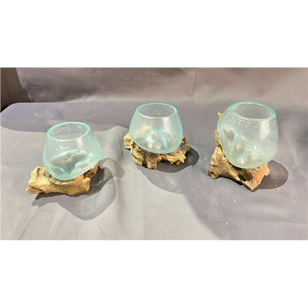 3- HAND MADE MOLTEN GLASS BOWLS ON TEAK BASES