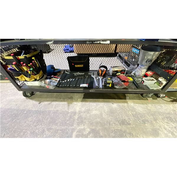 SHELF OF ASSORTED TOOLS, INCLUDING, WRENCH SET, TOOL BELT (WITH TOOLS) HAMMER MEASURING TAPE, &