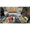 Image 2 : SHELF OF ASSORTED TOOLS, INCLUDING, WRENCH SET, TOOL BELT (WITH TOOLS) HAMMER MEASURING TAPE, &