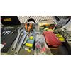 Image 3 : SHELF OF ASSORTED TOOLS, INCLUDING, WRENCH SET, TOOL BELT (WITH TOOLS) HAMMER MEASURING TAPE, &