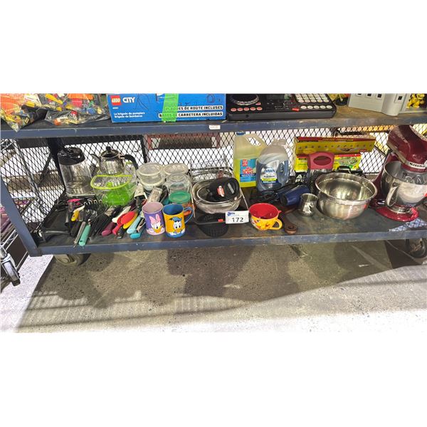 SHELF LOT OF KITCHEN ITEMS, KETTLES, CHARCUTERIE BOARD, KITCHENAID MIXER & MORE