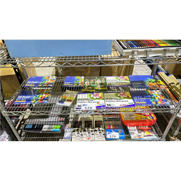SHELF LOT OF OIL PASTELS, ACRYLIC PAINTS AND MORE
