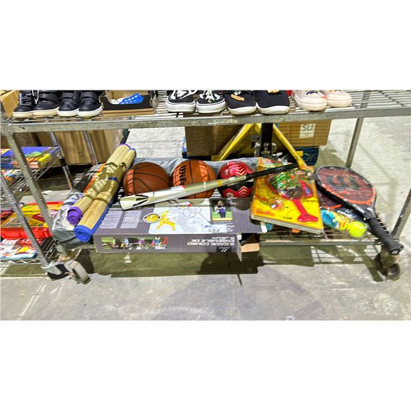 SHELF LOT OF ASSORTED ITEMS INCLUDING; BASKETBALL, SOCCER BALL, TENNIS RACKETS AND MORE