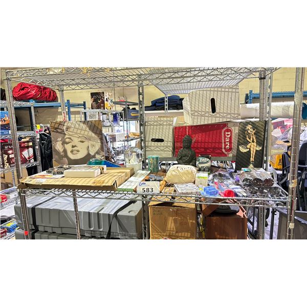SHELF LOT OF HOME DECOR, PARTY POPPERS, AND MORE