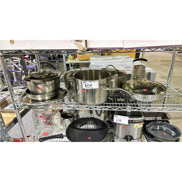 SHELF LOT OF POTS, BOWLS, CHEESE GRATER AND MORE