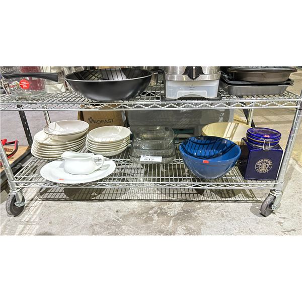 SHELF LOT ASSORTED PLATES, BOWLS, AND MORE