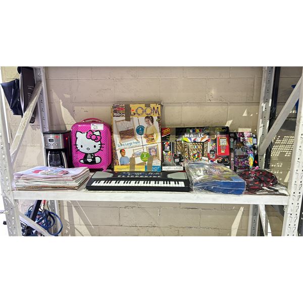 SHELF LOT OF KEYBOARD, SUITCASE, COFFEE MAKER AND MORE