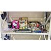 Image 1 : SHELF LOT OF KEYBOARD, SUITCASE, COFFEE MAKER AND MORE