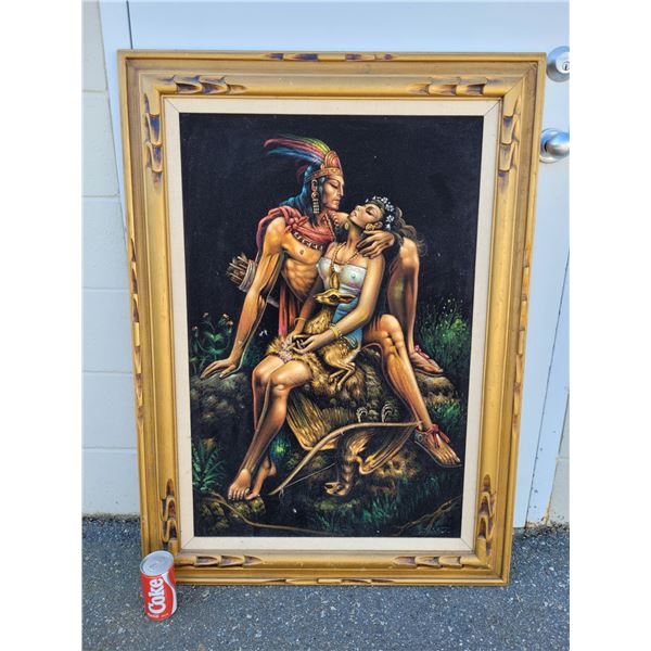 Signed Indian Couple Black Velvet Framed Art Work