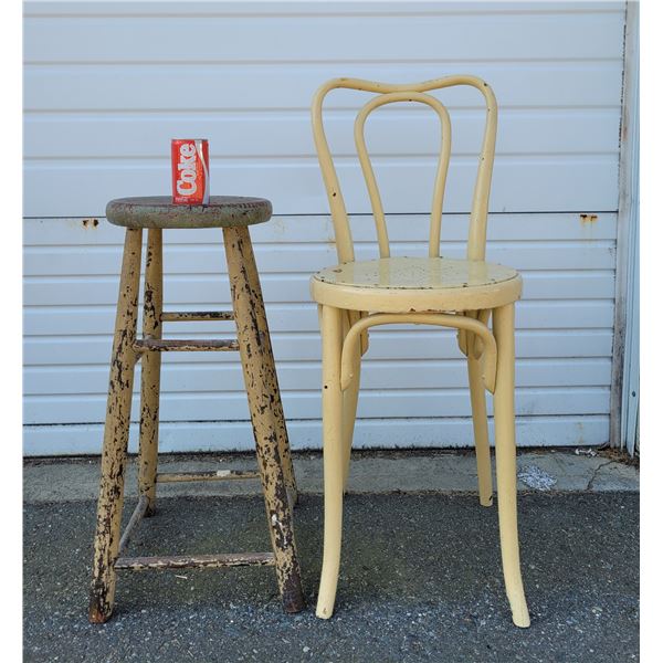 Vintage Wooden Bar Stool and Chair