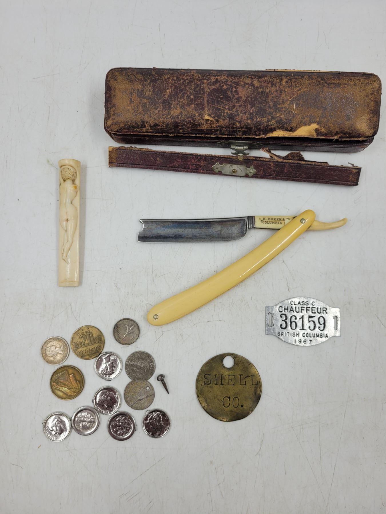 Old Money Razor H. Boker & Columbia Straight Razor, Vintage Plaques, and Coins