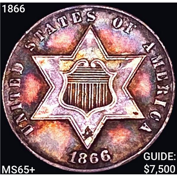 1866 Silver Three Cent GEM BU +