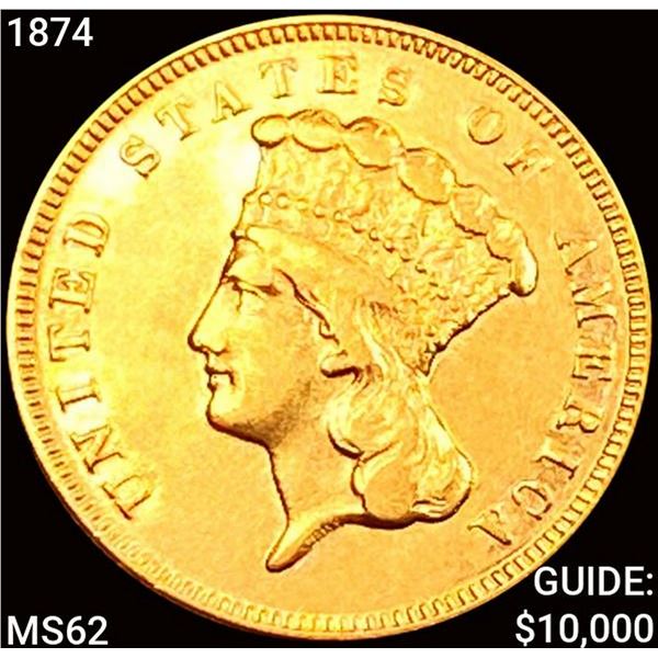 1874 $3 Gold Piece UNCIRCULATED