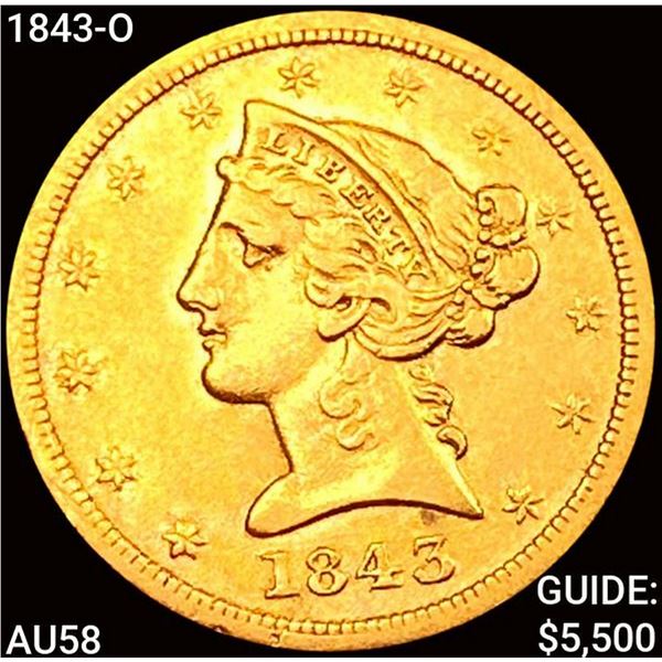 1843-O $5 Gold Half Eagle CHOICE AU