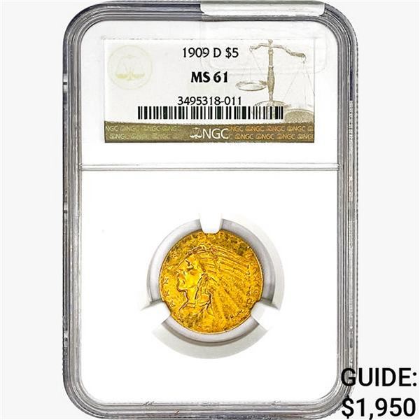 1909-D $5 Gold Half Eagle NGC MS61
