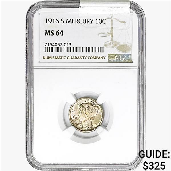 1916-S Mercury Silver Dime NGC MS64