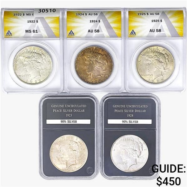 [5] 1922-1925 Silver Peace Dollar GG/ANACS MS/AU/UNC61/58