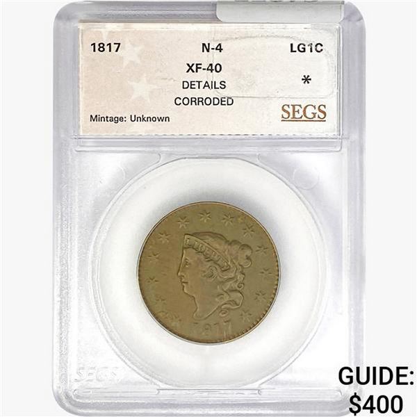 1817 Coronet Head Large Cent SEGS XF40