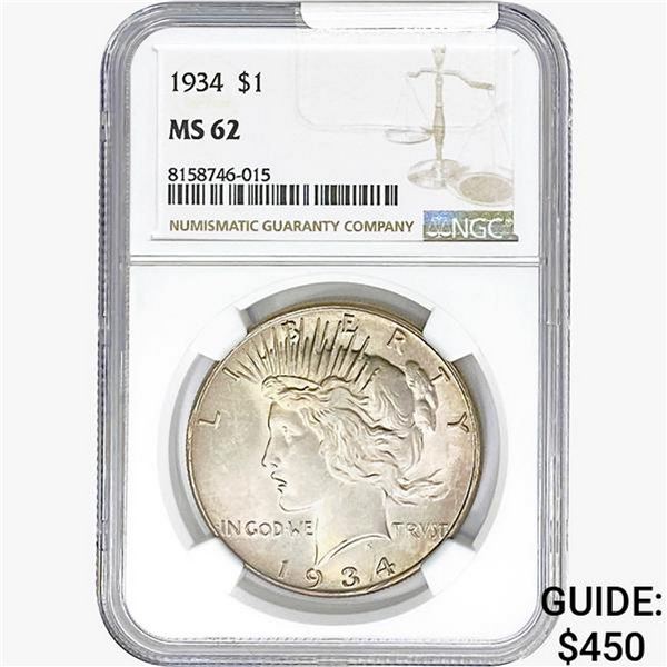 1934 Silver Peace Dollar NGC MS62