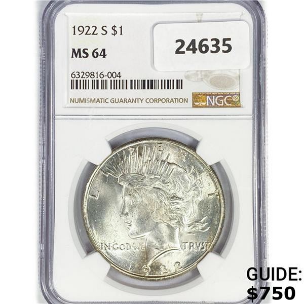 1922 Silver Peace Dollar NGC MS64