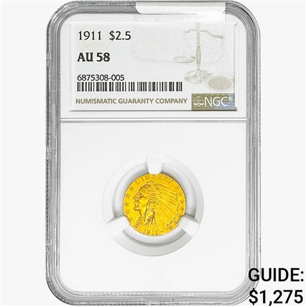 1911 $2.50 Gold Quarter Eagle NGC AU58