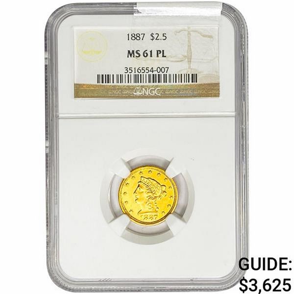 1887 $2.50 Gold Quarter Eagle NGC MS61 PL