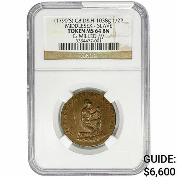 1790's G.B. Slave Token Middlesex NGC MS64 BN