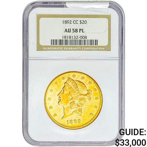 1892-CC $20 Gold Double Eagle NGC AU58 PL