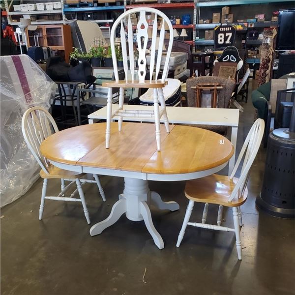 WHITE AND WOOD TABLE WITH THREE CHAIRS AND ONE LEAF