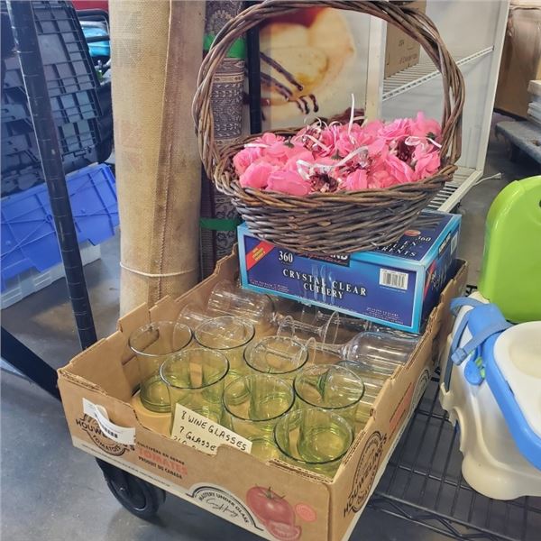 TRAY OF GLASSES, CUTLERY AND BASKET OF FLOWERS