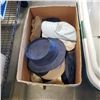 Image 2 : BOX OF ASSORTED HATS AND TWO LAUMDRY HAMPERS, ONE GARABGE CAN
